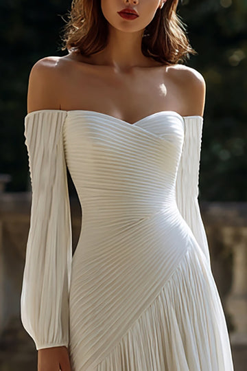 Off The Shoulder Ivory Ruched A Line Wedding Dress